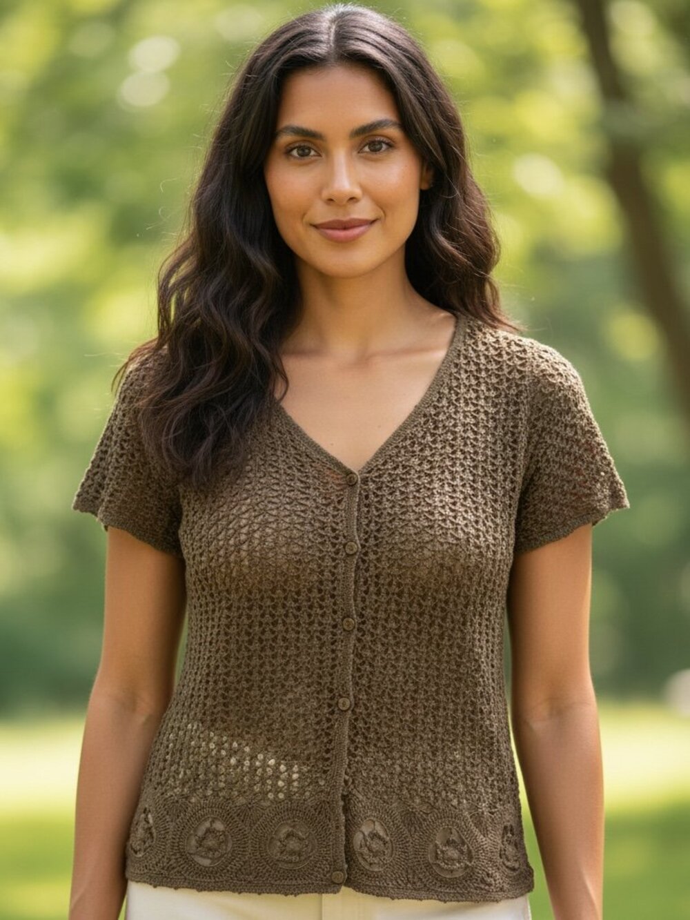 John Paul Richard Uniform Olive Green Crochet Knit Short Sleeve Sweater Medium